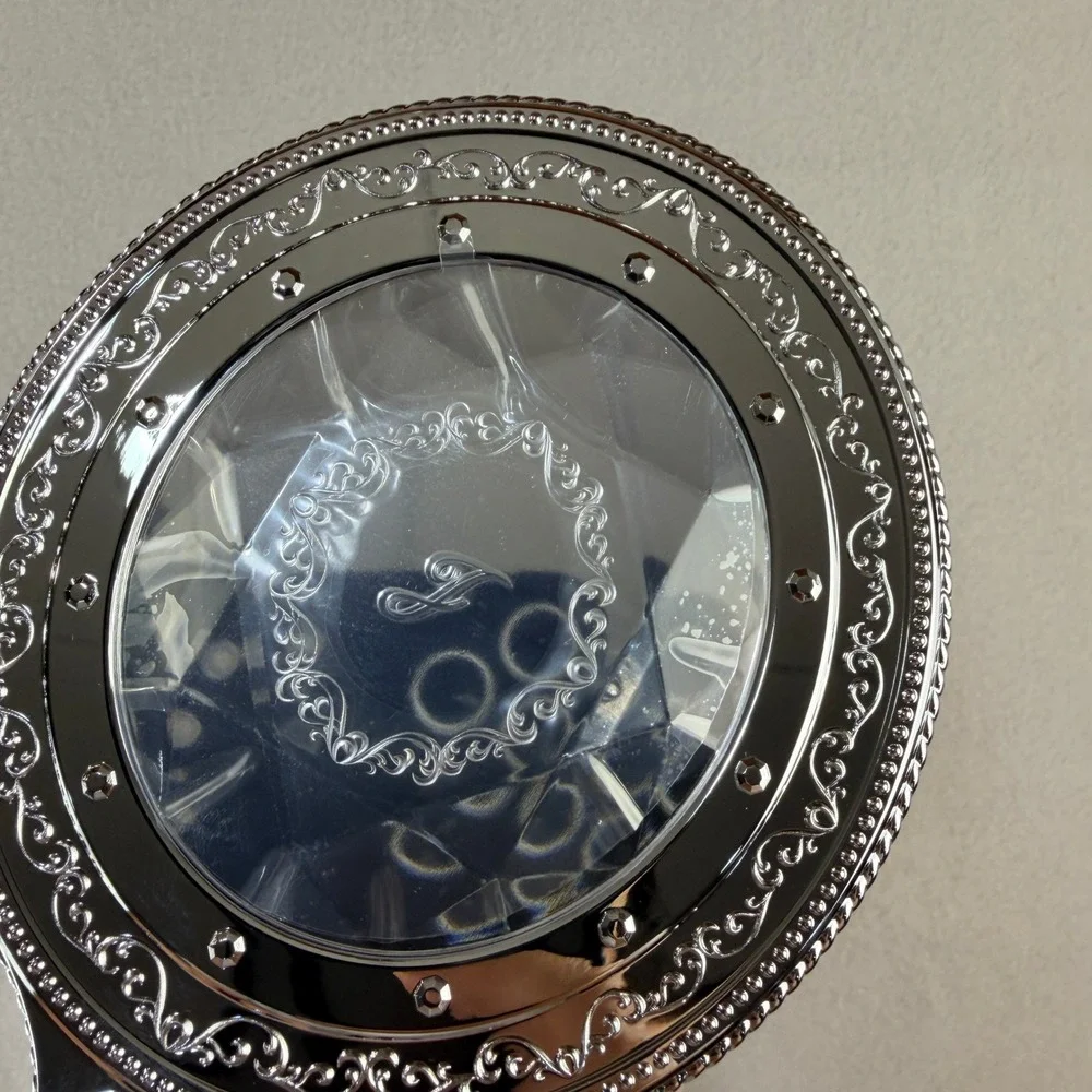 Jill Stuart Silver Ornate Hand Mirror Faceted Crystal Back Monogram J New